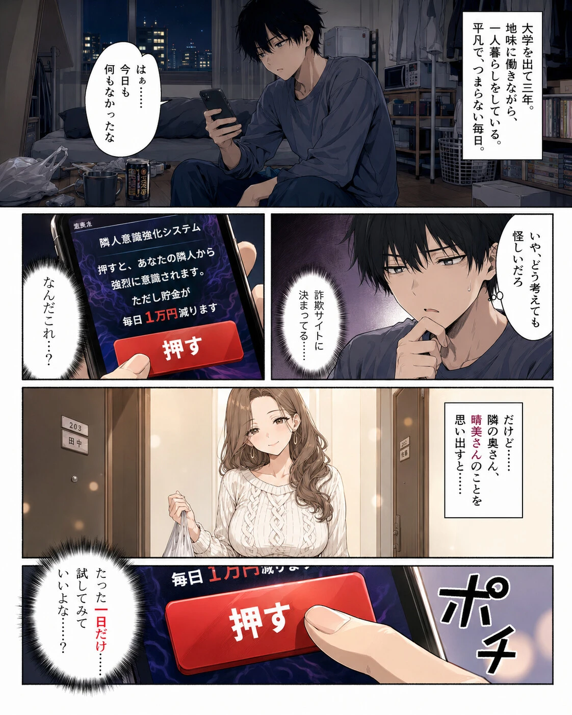 押すたび、1万円消えるボタン…その度に隣の人妻が誘惑してくる。【白抜き修正版】