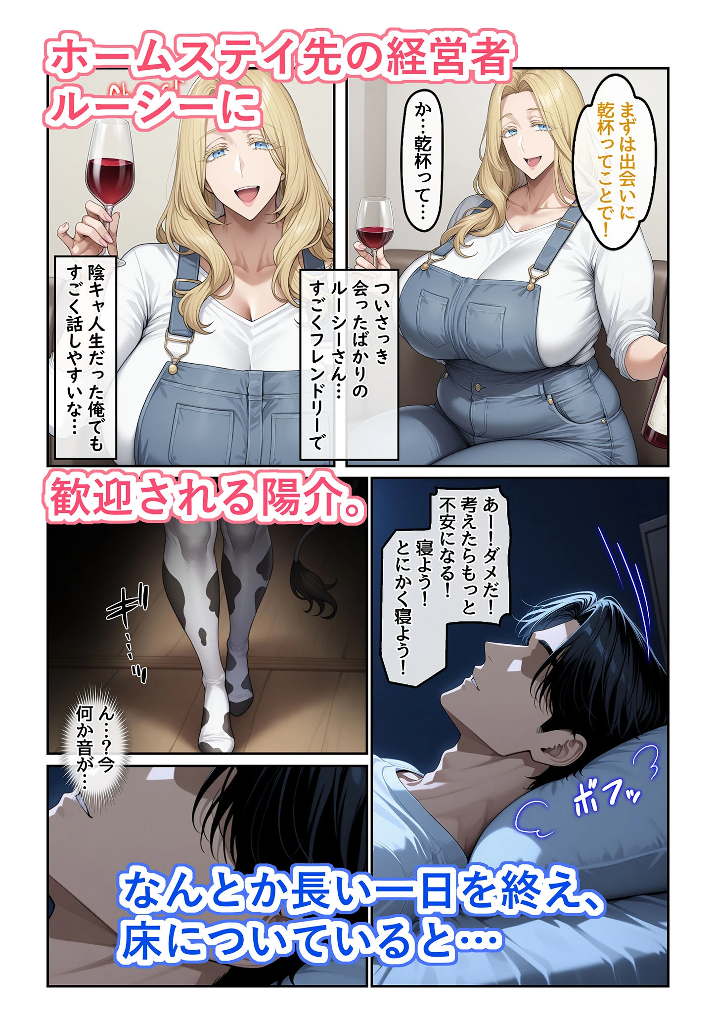 ホームステイ先の爆乳ブロンド美女に雌牛コスで誘惑されてイチャラブ種付け生活1 モザイク版ページ4