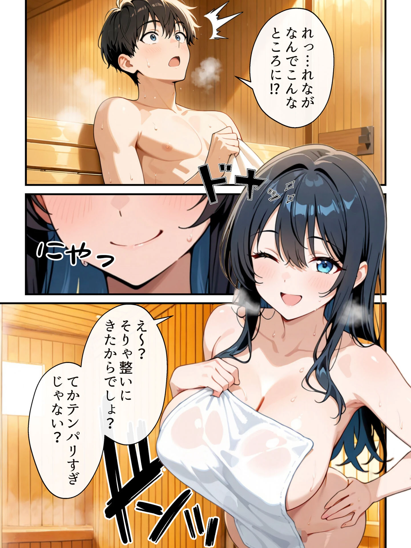 混浴サウナでSっ気の巨乳義妹に挑発されて…勃起がバレて我慢できなくなった話 モザイク版ページ8