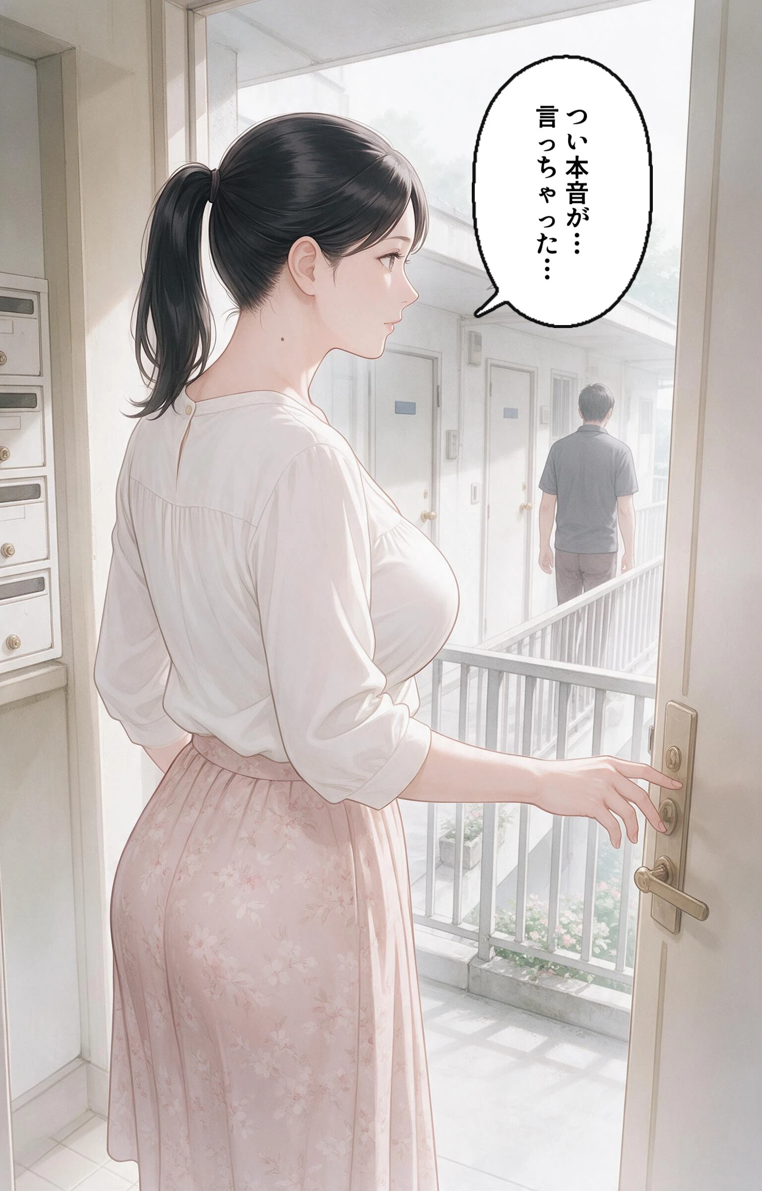欲求不満な爆乳隣の奥さんを玄関先で抱きとめたら我慢できずに求めてきた話ページ7