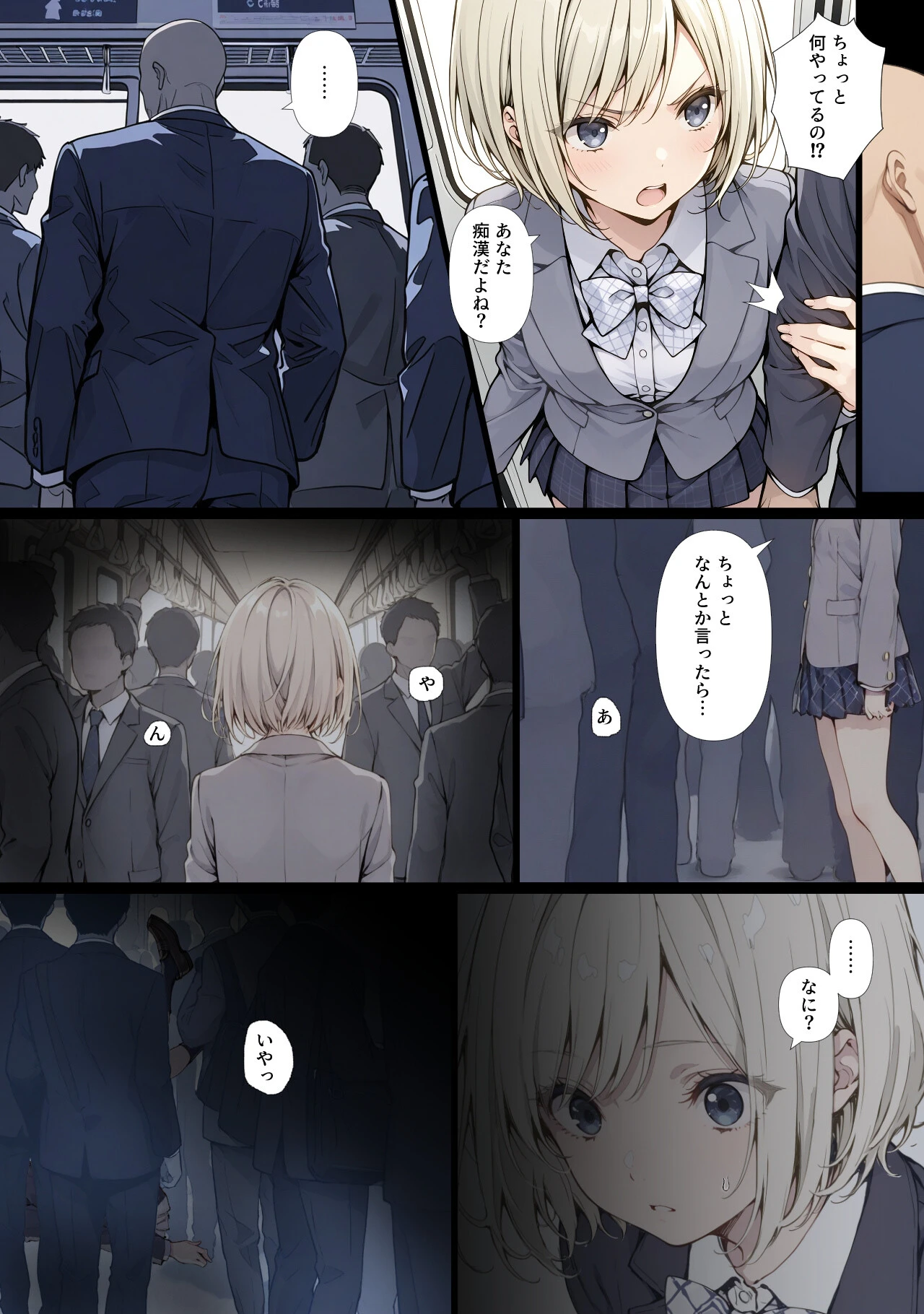 黒髪少女と金髪少女が電車で集団痴〇に遭う漫画ページ2