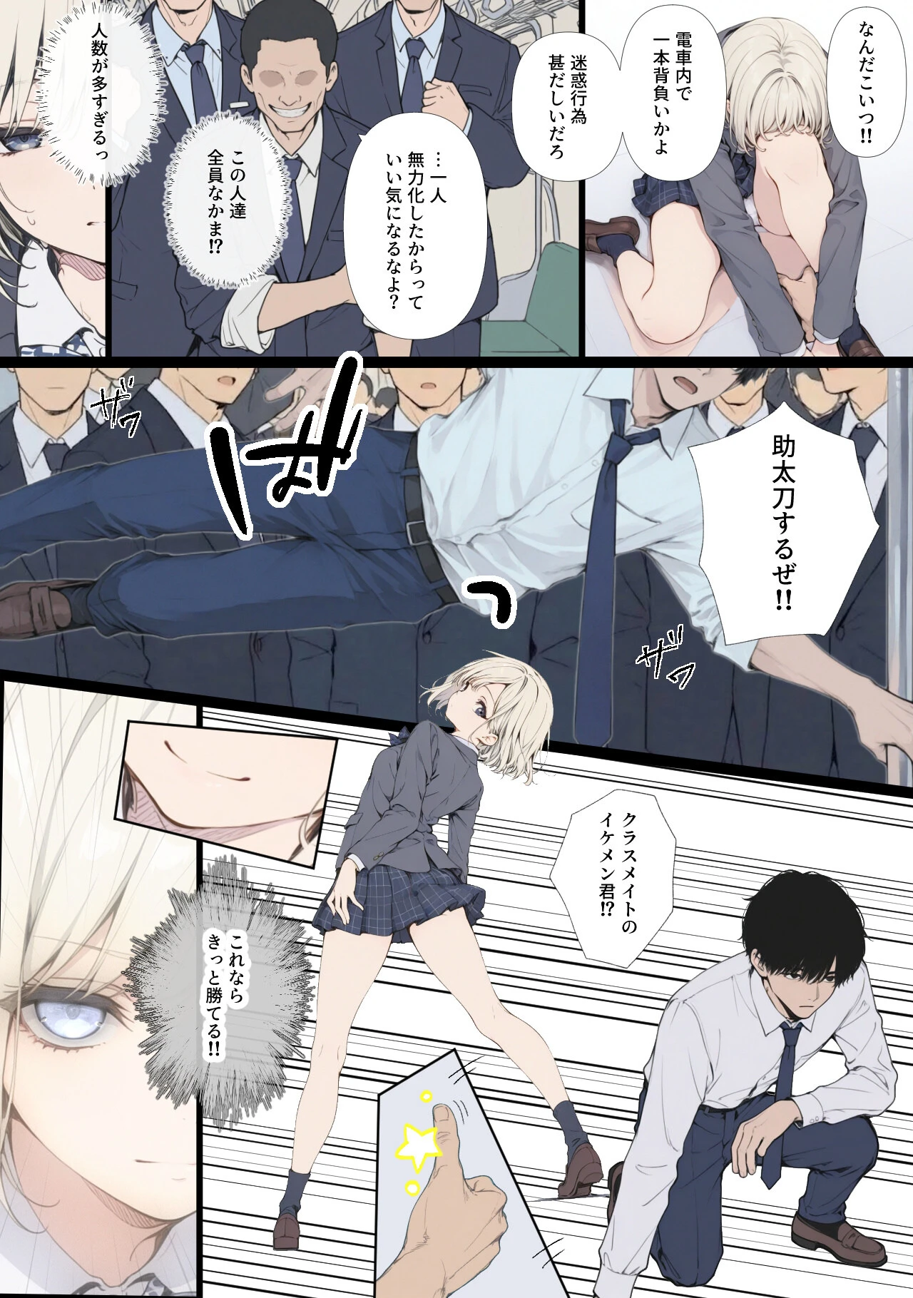 黒髪少女と金髪少女が電車で集団痴〇に遭う漫画ページ7